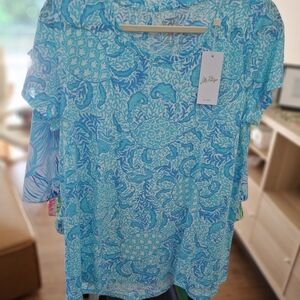 Lilly Pulitzer Blue Turquoise and White Women's Shirt - Size L